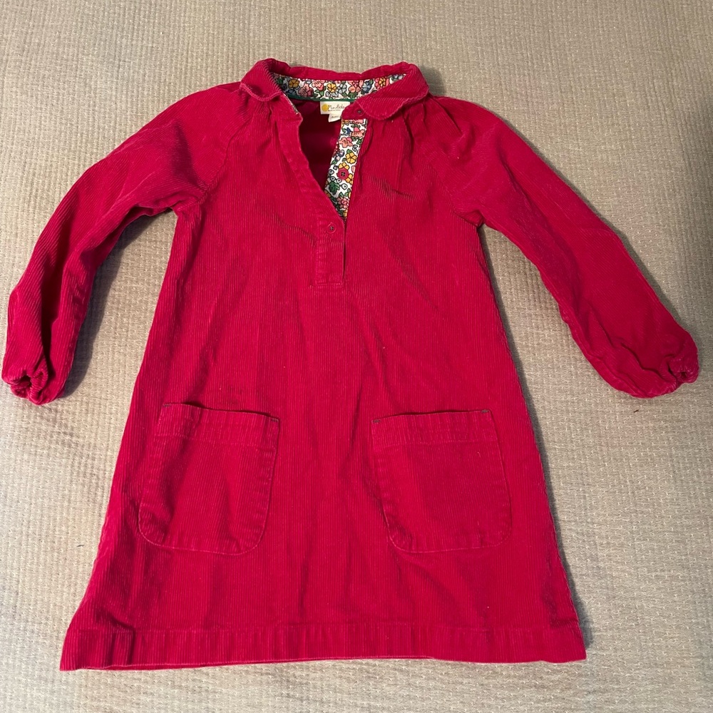 Boden Girls Corduroy Long Sleeve Collared Dress With Pockets 4-5 hot pink flower